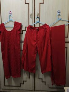 Red Kurta Set with Palazzo & Dupatta