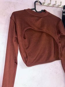 Brown Cut-Out Long Sleeve Top