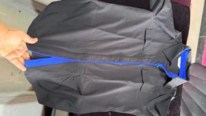 Black Button-Up Shirt with Blue Trim bust