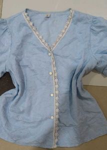 Light Blue Lace Trim V-Neck Blouse
