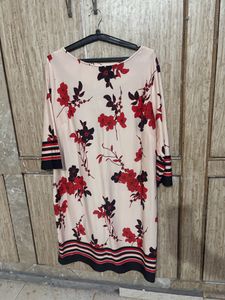 Boat Neck Cream Color Flower Printed  Dress