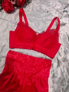 Red Lace Bra and High-Waisted Shorts Set