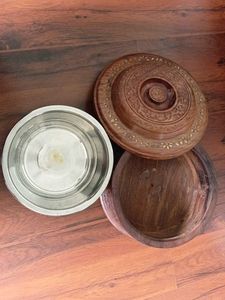Hand Carved Wooden Casserole with Brass Inlay