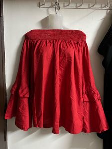 Red Off-Shoulder Ruffle Sleeve Top