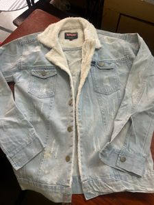 Distressed Denim Sherpa Jacket