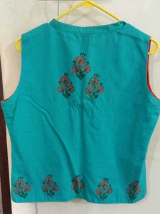 Turquoise Ethnic Print Sleeveless Jacket