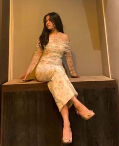 White Lily Off Shoulder Net Dress Stretchable