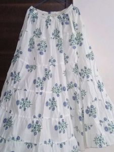 White Block Print Tiered Maxi Skirt
