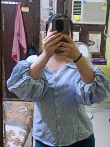 Blue and White Striped Off-Shoulder Top