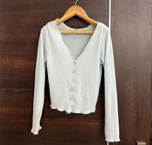 Light Blue Ribbed Button-Up Top