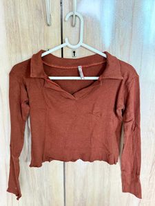 Ribbed Collared Long Sleeve Cropped Top
