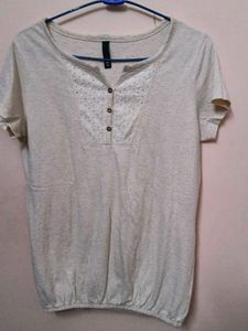 Casual Women's Cream Embroidered Henley Top Loose