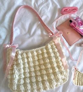 Cream Crochet Hobo Bag with Pink Ribbon