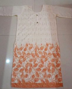 Elegant White Kurta with Orange Leaf Print