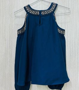Beaded Cold Shoulder Blue Top