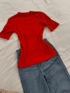 Red Ribbed Cutout Top