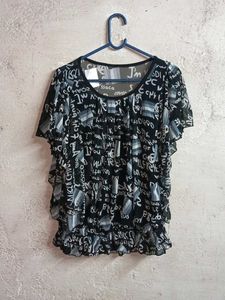 Sheer Graphic Print Ruffle Top Oversized