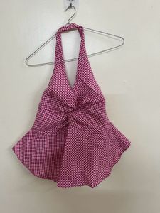 Cute Pink Gingham Halter Top