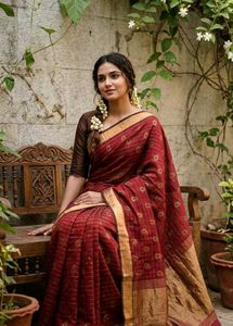 🍁Cotton Silk Printed Red Saree with Zari Border