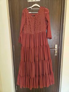Maroon Tiered Gown with Embellished Bodice