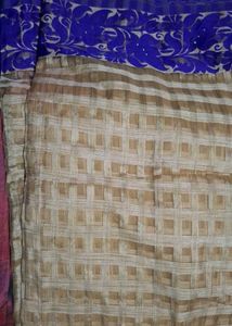 Cream Checked Saree with Royal Blue Floral Border