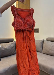 Elegant Orange short blouse and skirt with shrug