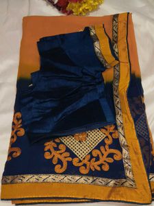 Designer Orange &amp; Navy Saree with blouse