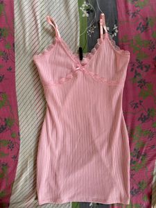 baby pink bodycon ribbed lace trim dress from h&m