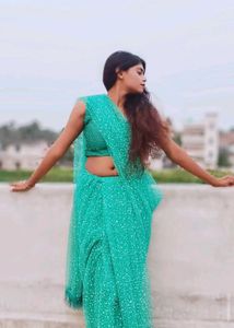 Sparkling Teal Net Saree with Blouse