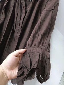 Elegant Brown Lace Trim Blouse