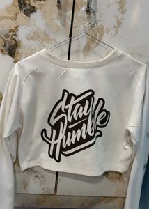 White 'Stay Humble' Cropped Long Sleeve Tee
