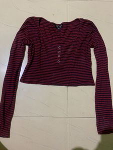 Topshop Red & Black Striped Ribbed Crop Top