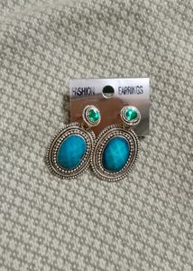 Brand New Blue Colour Stoned Black Metal Earrings