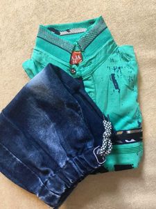 Boys Green T-shirt and Denim Shorts Set