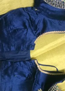 Gold Saree with Navy Blue embroidery Blouse