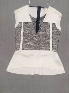 Zara White Peplum Top with Black Lace Overlay