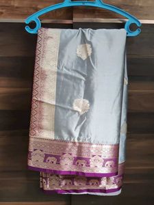 Elegant Grey Silk Saree with Purple Zari Border