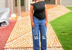 black shoulder drop fitted top