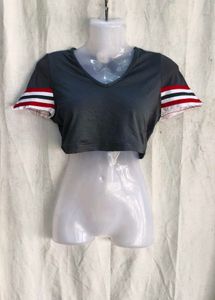 Grey Cropped V-Neck Top with Striped Sleeves