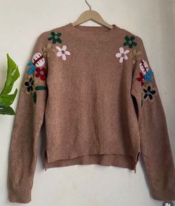 Brown Embroidered Floral Sweater