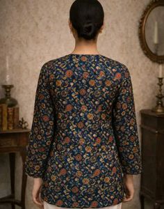 Blue Floral Print Kurta Tunic Top