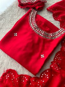 Negotiable Red Kurta Set with Mirror Work