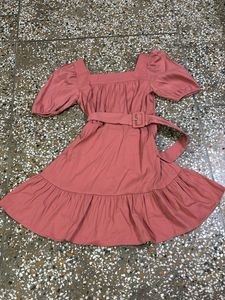 Puff Sleeve Square Neck Belted Dress