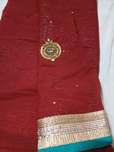 🆕️ Maroon Shimmer Saree with Gold Embroidery