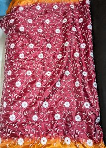 Simply Cute Embroidery Floral Design Maroon Saree