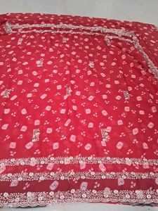 Red Saree with White Bandhani Print