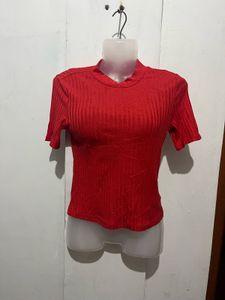 Ribbed Red Mock Neck Top