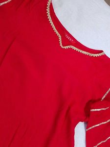 Red Kurta with Golden Stripes and Kuchi Pa