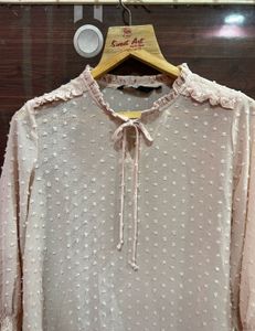 Sheer Swiss Dot Tie Neck Blouse