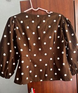 Chic Brown Polka Dot Puff Sleeve Top